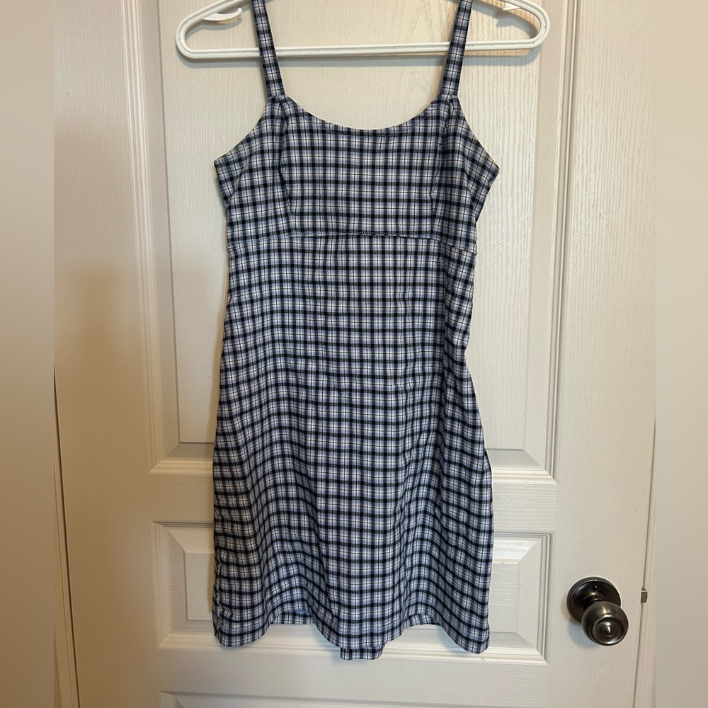 Hollister Navy and White Plaid Spaghetti-Strap Midi Dress